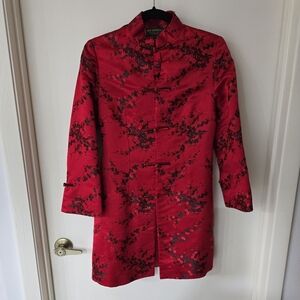 Old Shanghai Stunning Red Silk Black Floral Embroidered Jacket Size Small